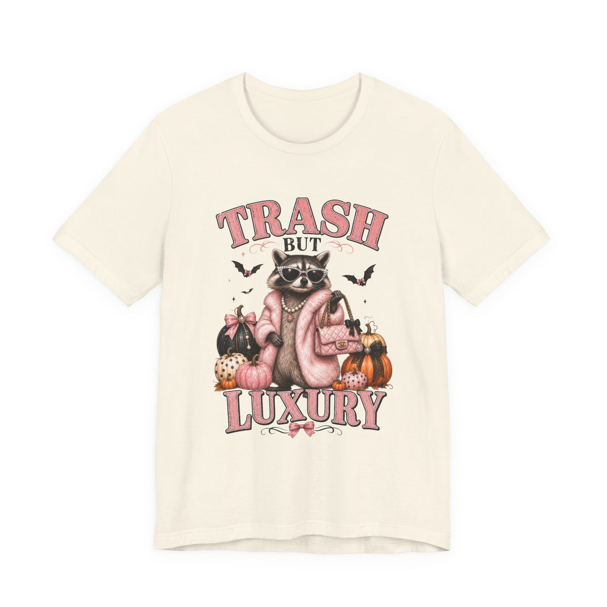 Trash But Luxury Raccoon Tee — Halloween Graphic T-Shirt with Pumpkins & Bats