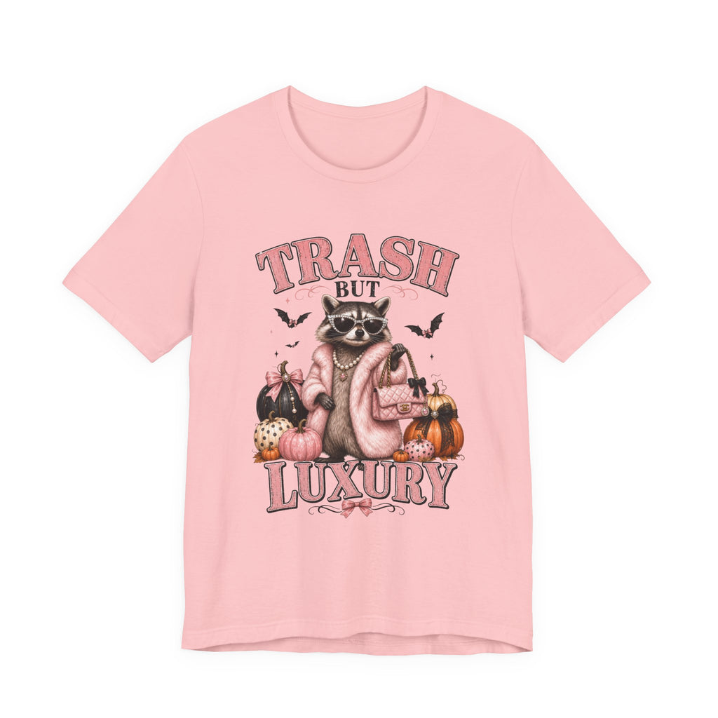 Trash But Luxury Raccoon Tee — Halloween Graphic T-Shirt with Pumpkins & Bats
