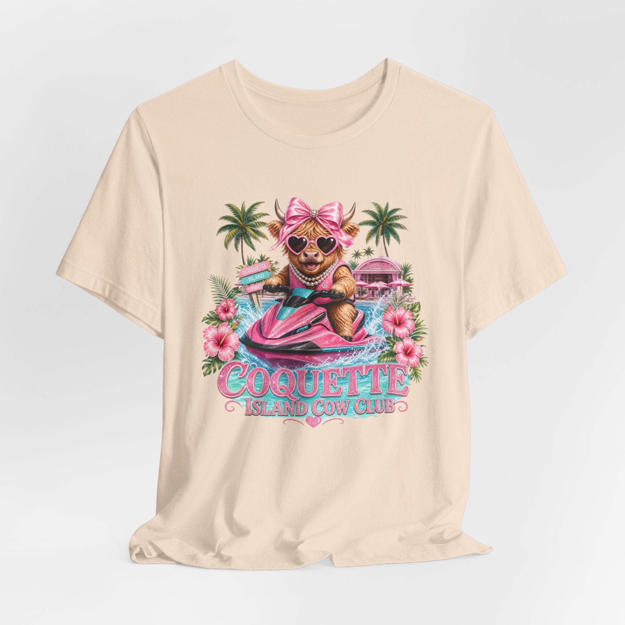Coquette Island Cow Club T-Shirt | Cute Highland Cow Pink Jet Ski Summer Graphic Tee