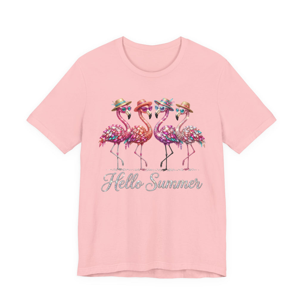 Hello Summer Flamingos T-Shirt | Pink Flamingo Beach Graphic Tee
