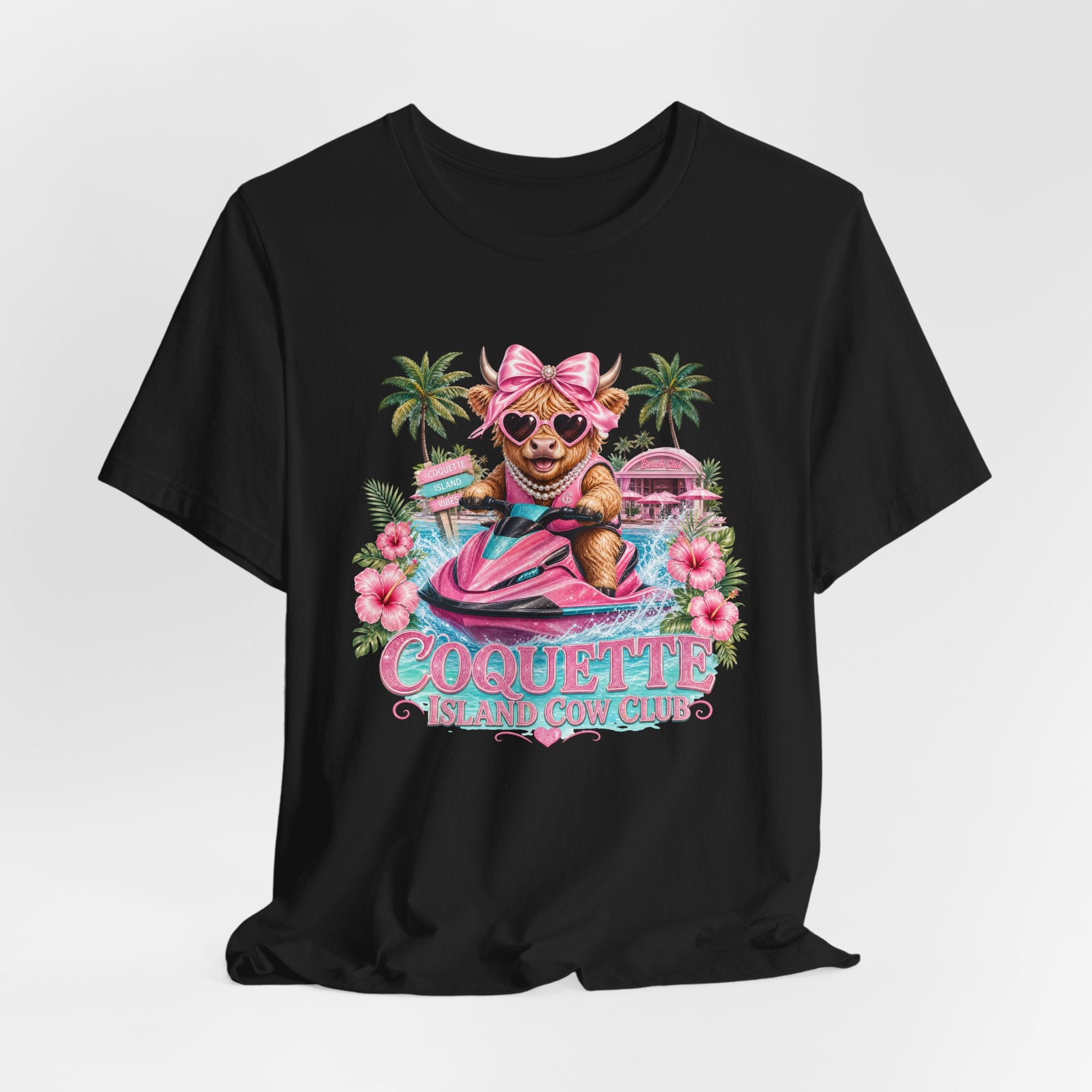 Coquette Island Cow Club T-Shirt | Cute Highland Cow Pink Jet Ski Summer Graphic Tee