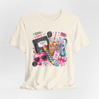 Teacher Good Vibes Cute Pastel Sticker Collage T-Shirt | Coffee, Headphones, Journal | Back to School