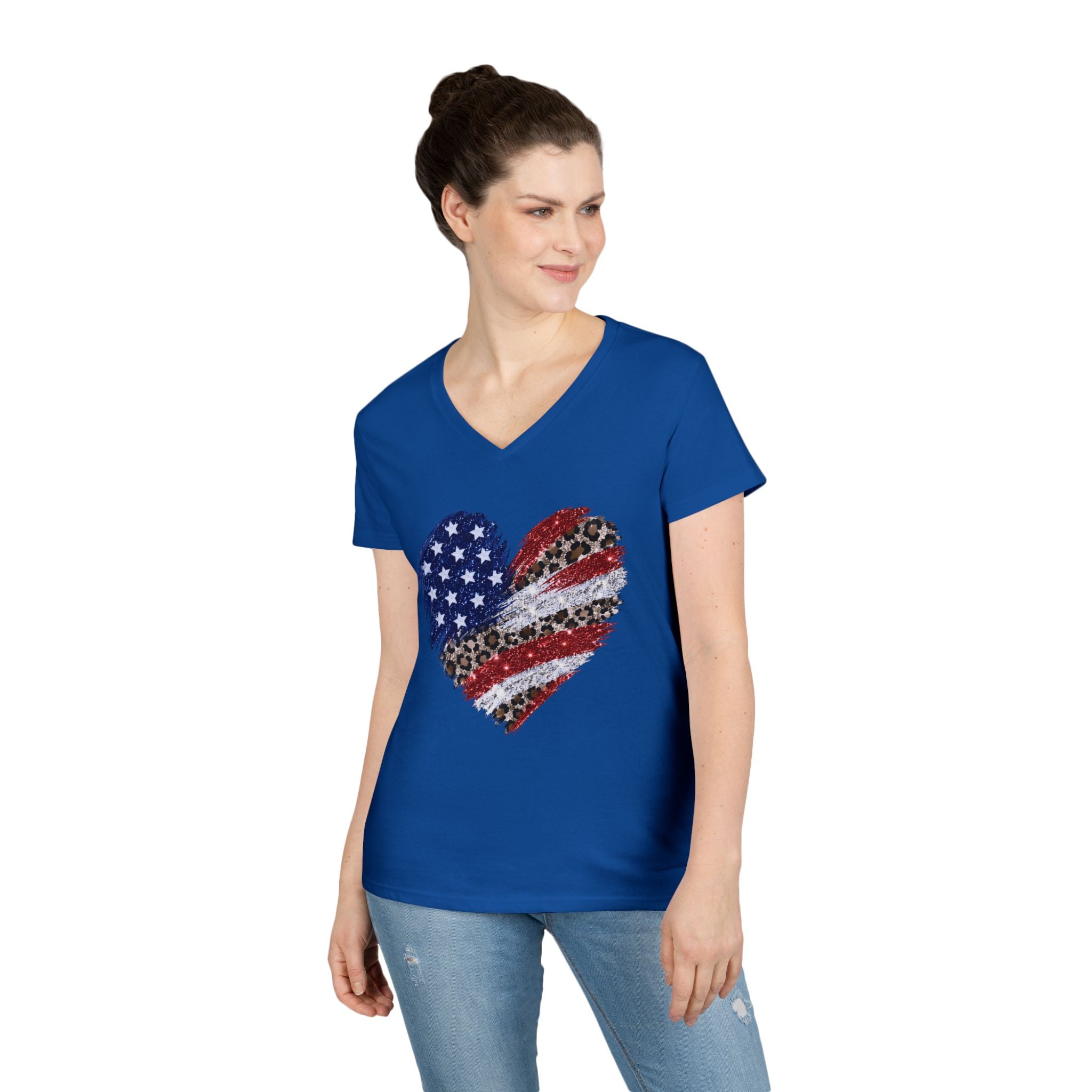 T-shirt Cœur léopard drapeau américain | Tee-shirt patriotique col en V