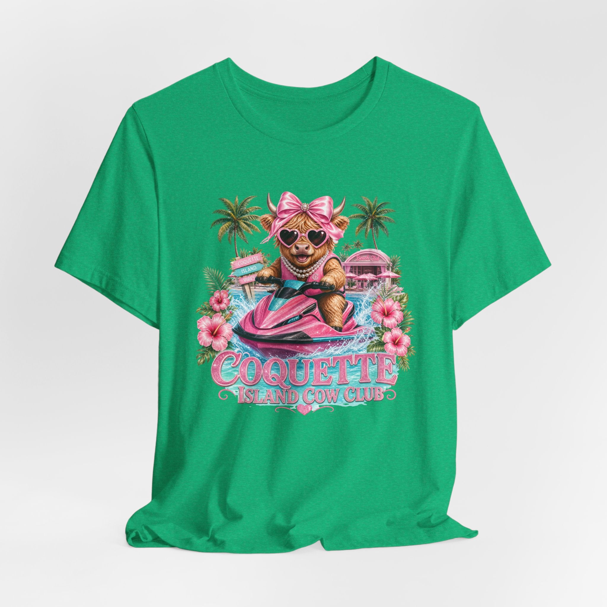 Coquette Island Cow Club T-Shirt | Cute Highland Cow Pink Jet Ski Summer Graphic Tee
