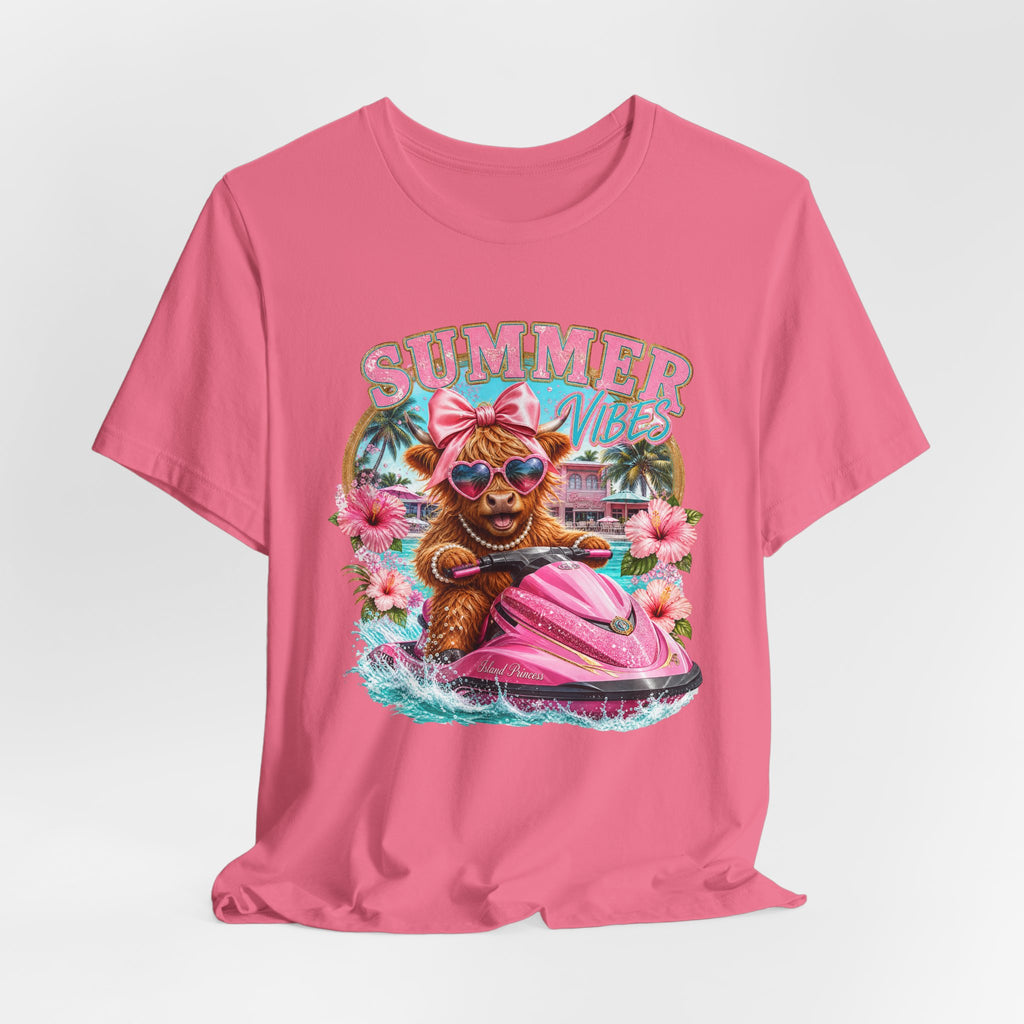 Summer Vibes Cow on Jet Ski T-Shirt | Cute Tropical Floral Beach Design