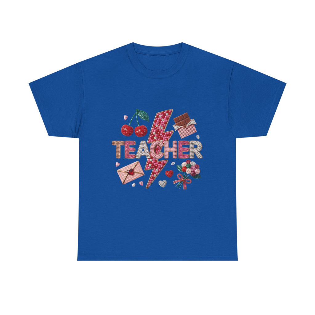 Teacher lightning bolt design T-shirt | cherries, letters, hearts, stationery
