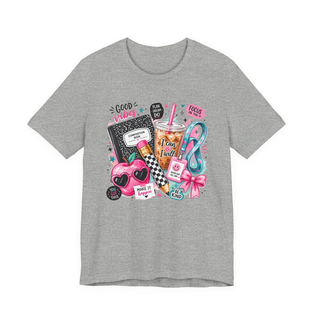 Teacher Good Vibes Cute Pastel Sticker Collage T-Shirt | Coffee, Headphones, Journal | Back to School