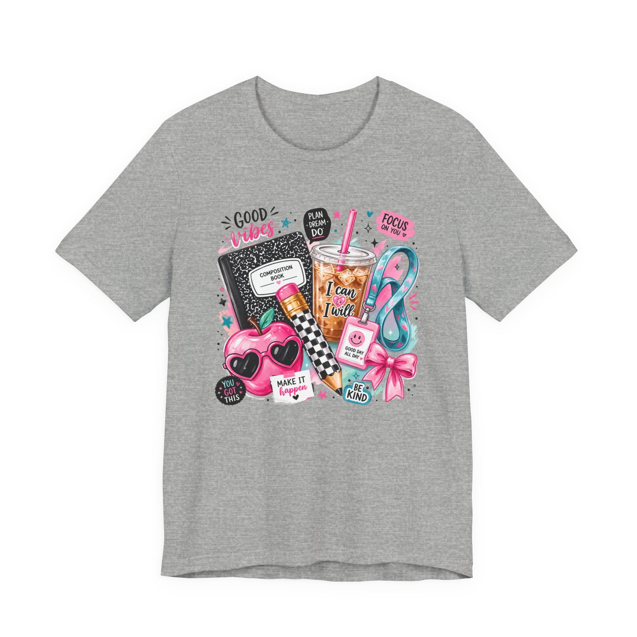 Teacher Good Vibes Cute Pastel Sticker Collage T-Shirt | Coffee, Headphones, Journal | Back to School