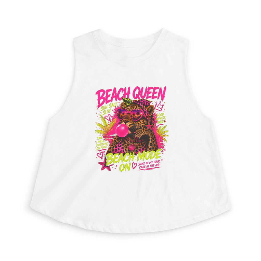 Beach Queen Cat Graphic Crop Top | Tropical Flamingo Bubblegum Retro