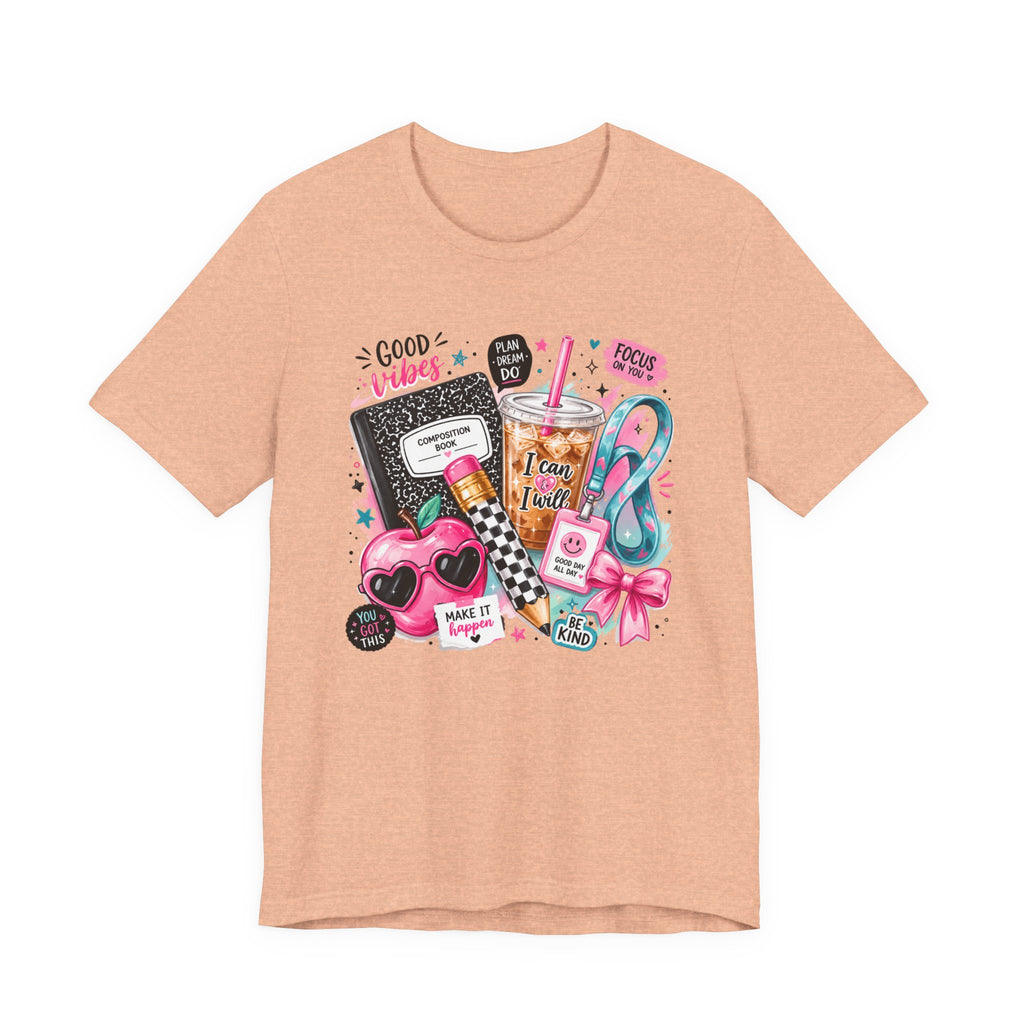 Teacher Good Vibes Cute Pastel Sticker Collage T-Shirt | Coffee, Headphones, Journal | Back to School