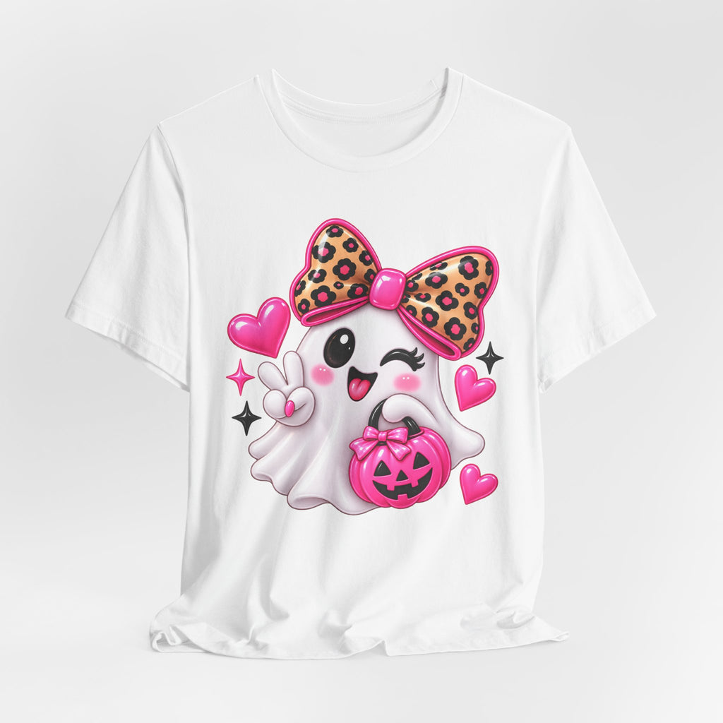 Pink Ghost Halloween T-Shirt with Leopard Bow