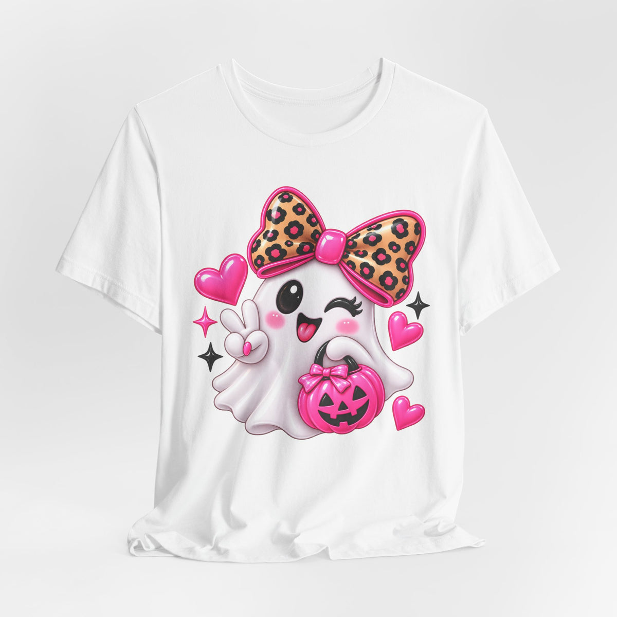 Pink Ghost Halloween T-Shirt with Leopard Bow