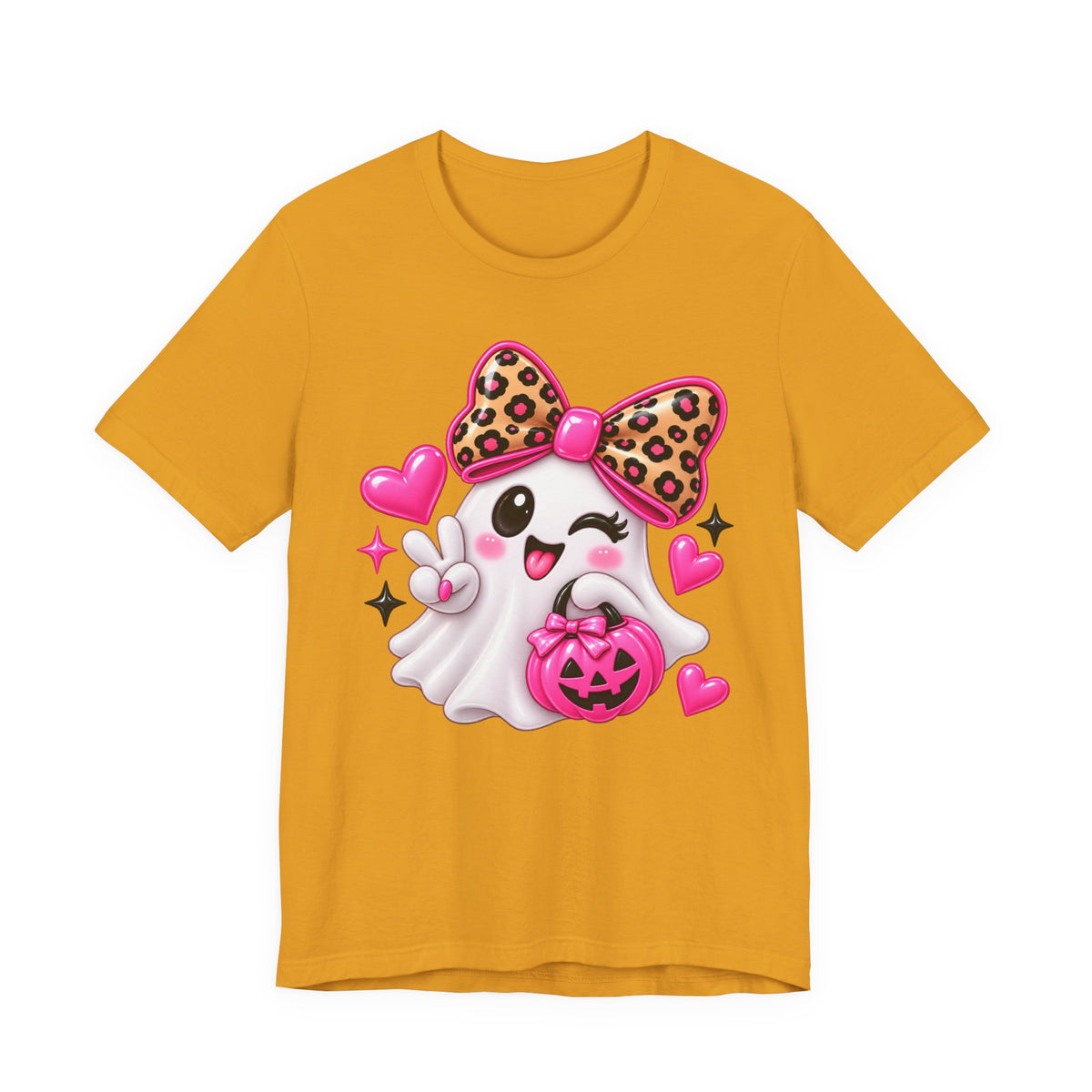 Pink Ghost Halloween T-Shirt with Leopard Bow