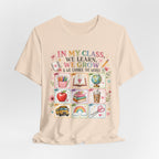 In My Class We Learn We Grow Teacher Illustration T-Shirt | School Icons
