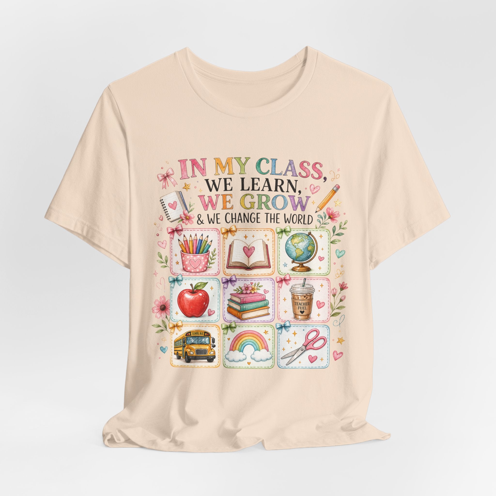 In My Class We Learn We Grow Teacher Illustration T-Shirt | School Icons