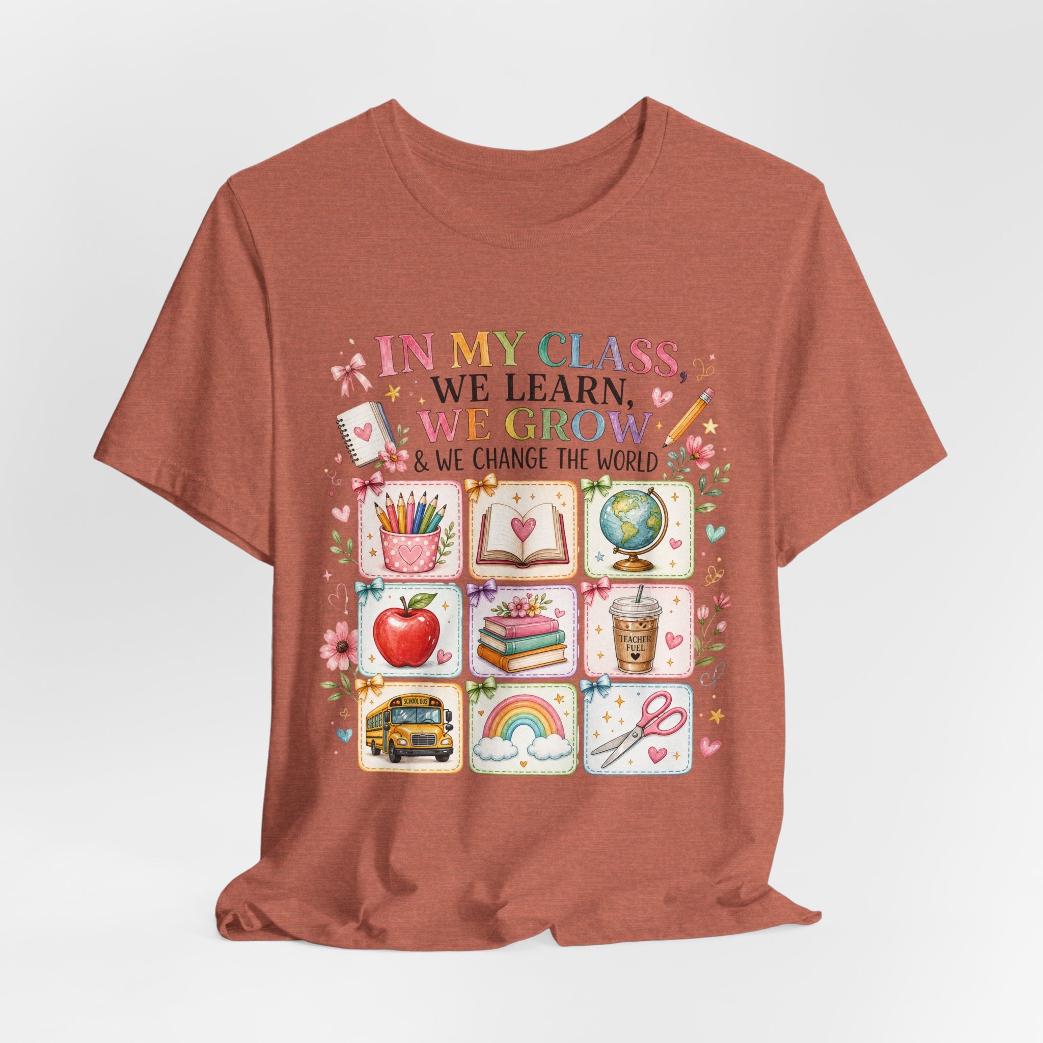 In My Class We Learn We Grow Teacher Illustration T-Shirt | School Icons