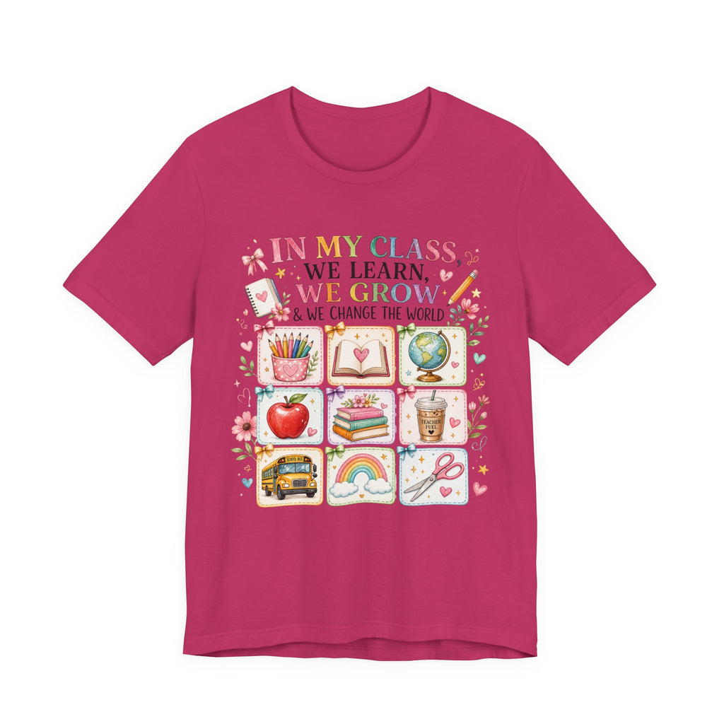 In My Class We Learn We Grow Teacher Illustration T-Shirt | School Icons