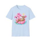 Leopard Cat on Flamingo Float T-Shirt | Tropical Palm Beach Summer Vibes