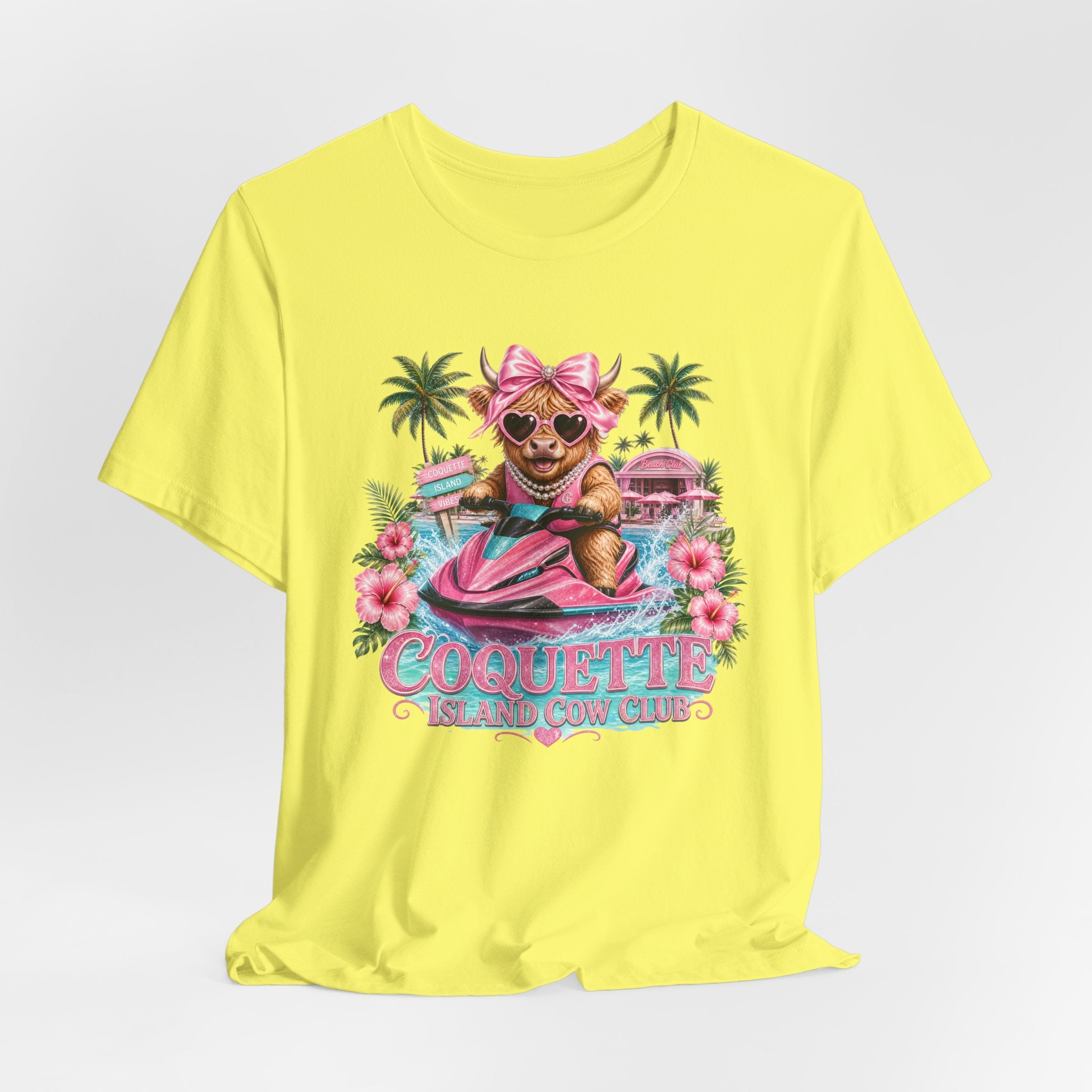 Coquette Island Cow Club T-Shirt | Cute Highland Cow Pink Jet Ski Summer Graphic Tee