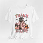 Trash But Luxury Raccoon Tee — Halloween Graphic T-Shirt with Pumpkins & Bats