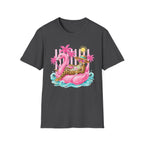 Leopard Cat on Flamingo Float T-Shirt | Tropical Palm Beach Summer Vibes