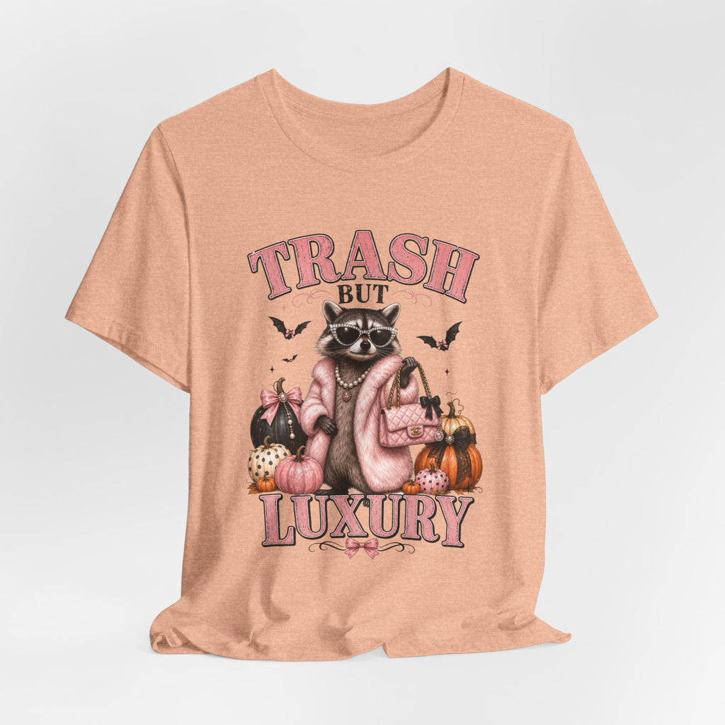 Trash But Luxury Raccoon Tee — Halloween Graphic T-Shirt with Pumpkins & Bats