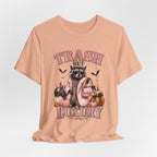Trash But Luxury Raccoon Tee — Halloween Graphic T-Shirt with Pumpkins & Bats