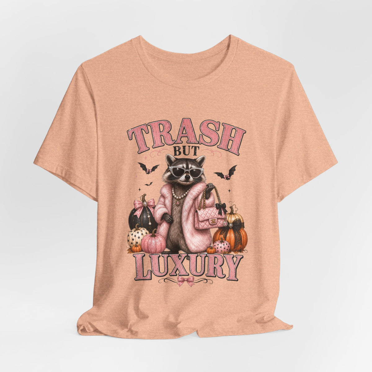 Trash But Luxury Raccoon Tee — Halloween Graphic T-Shirt with Pumpkins & Bats