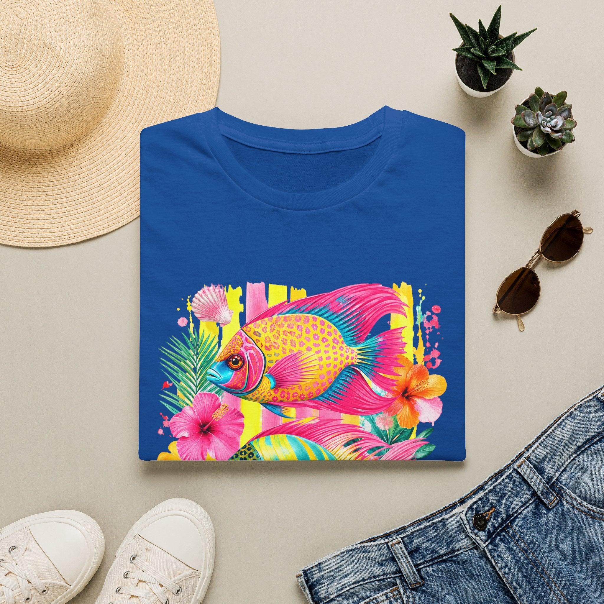 Tropical Colorful Fish T-Shirt | Neon Hibiscus Beach Illustration