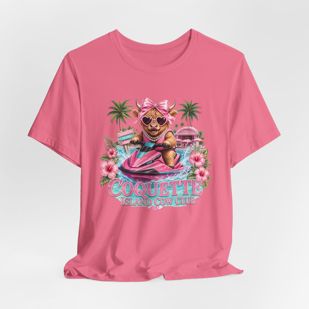 Coquette Island Cow Club T-Shirt | Cute Highland Cow Pink Jet Ski Summer Graphic Tee