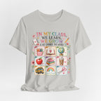In My Class We Learn We Grow Teacher Illustration T-Shirt | School Icons