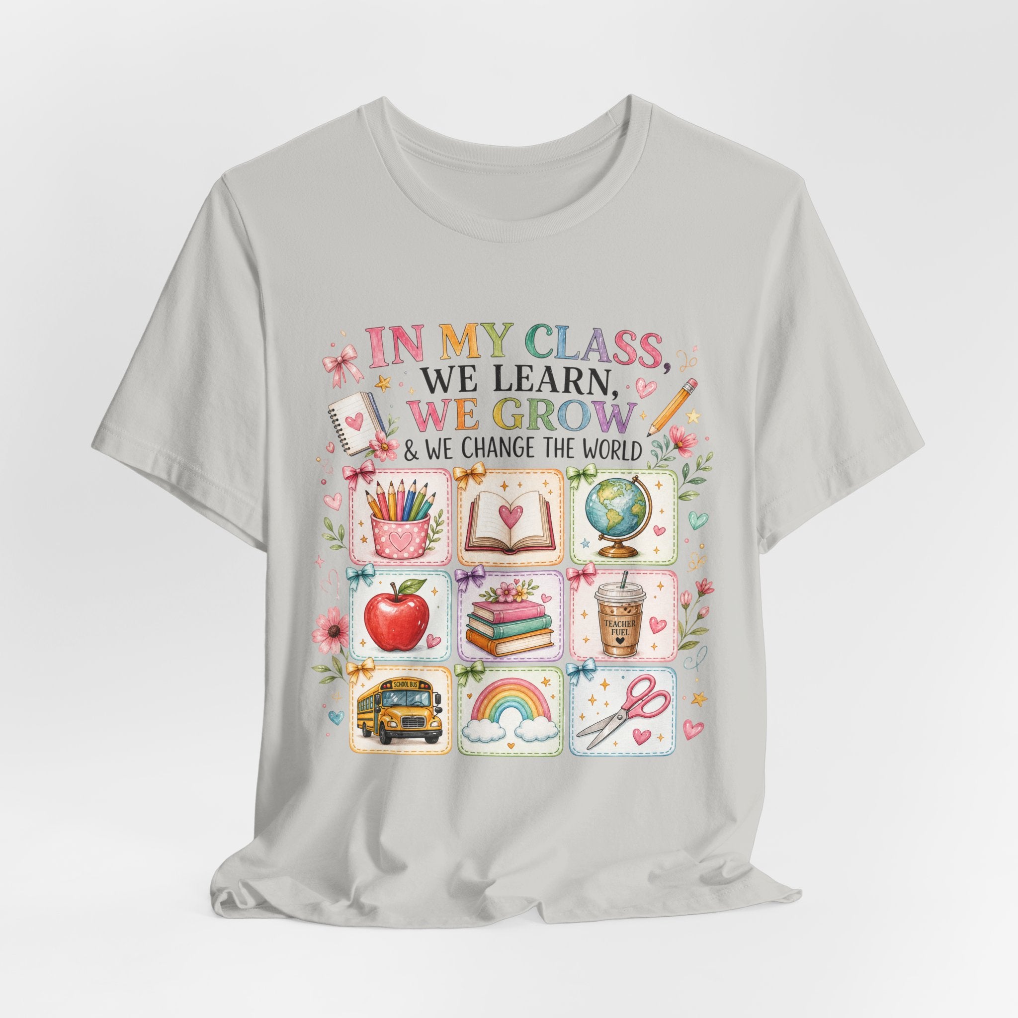 In My Class We Learn We Grow Teacher Illustration T-Shirt | School Icons