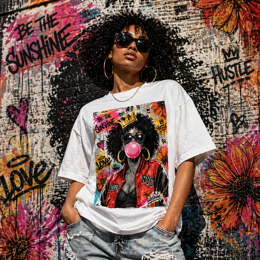 Afro Bubblegum Queen Tee | Street Art Graffiti Portrait, Crowned Woman