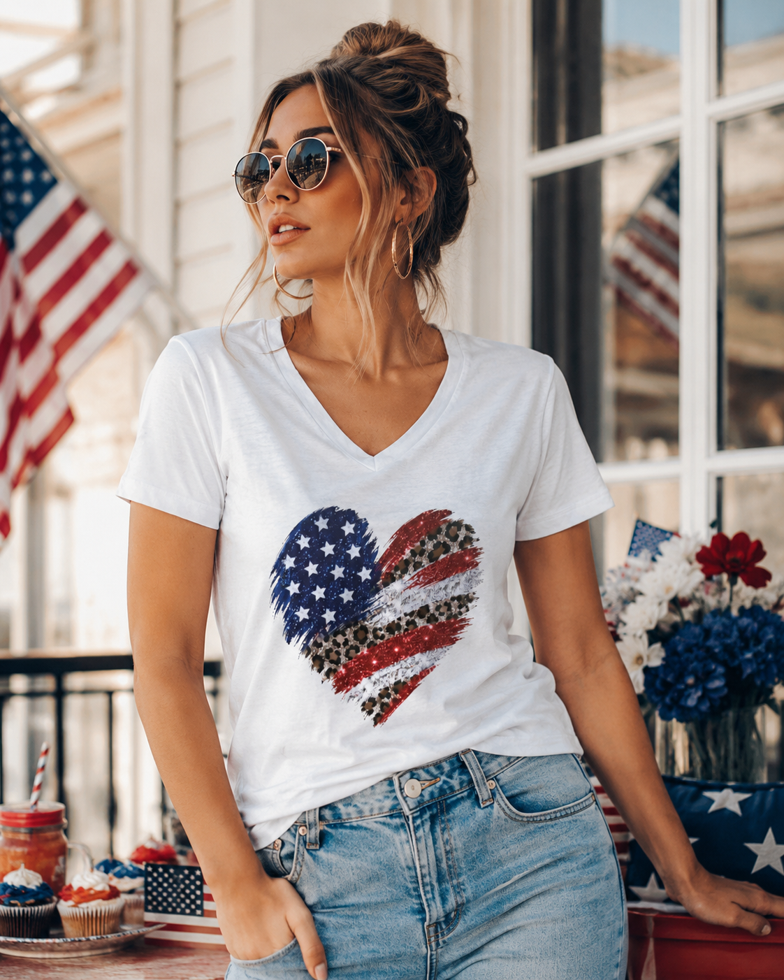 American Flag Leopard Heart T-Shirt | V-Neck Patriotic Tee