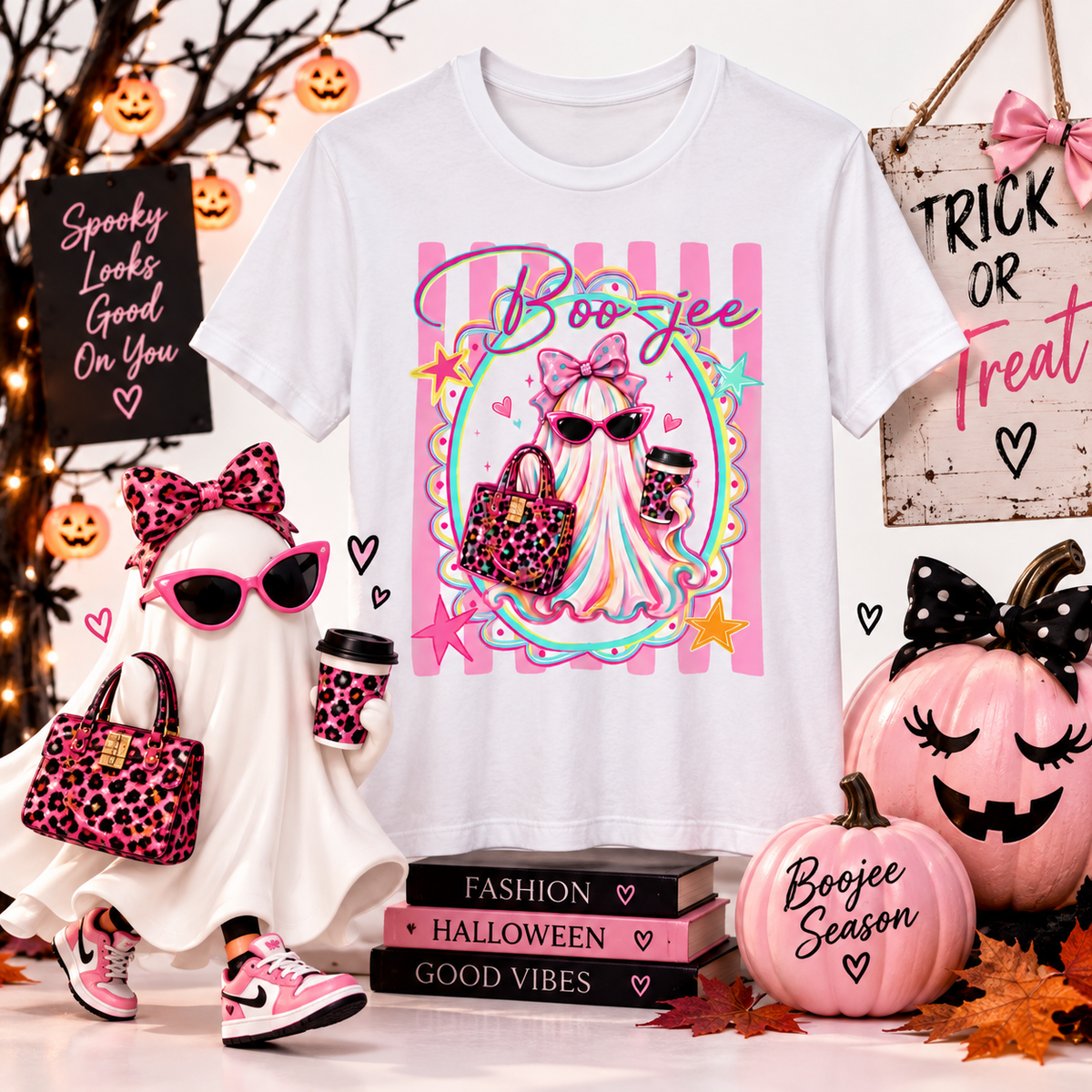 Boo-Jee Ghost Tee — Kawaii Fashion Ghost Graphic T-Shirt with Purse & Coffee