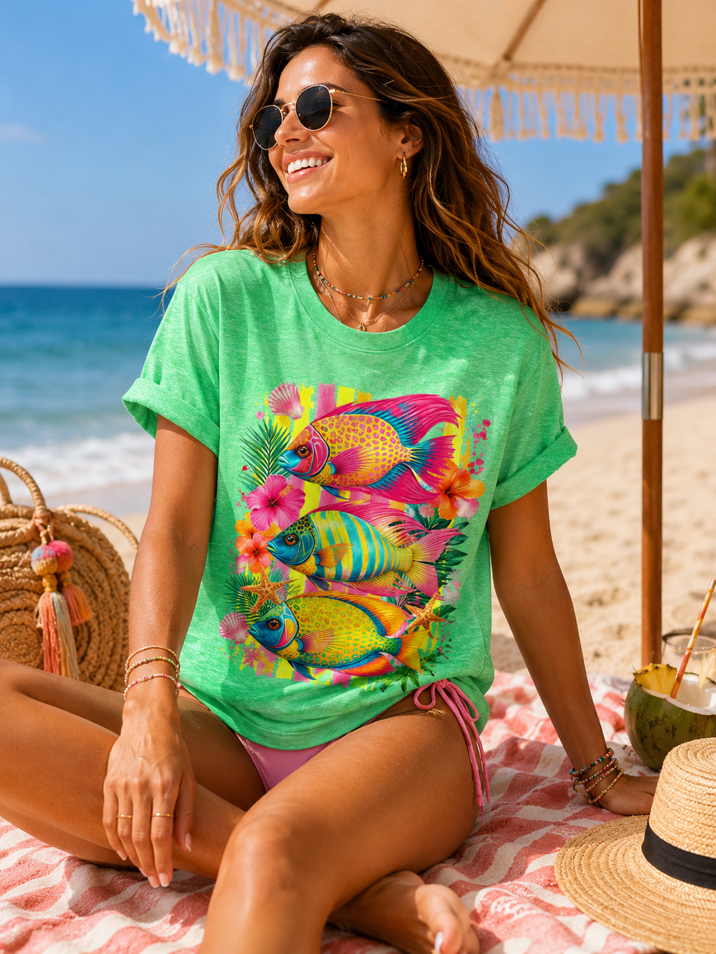 T-shirt Poisson tropical coloré | Illustration Néon Hibiscus Plage