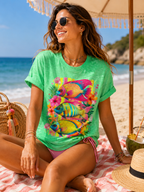 Tropical Colorful Fish T-Shirt | Neon Hibiscus Beach Illustration