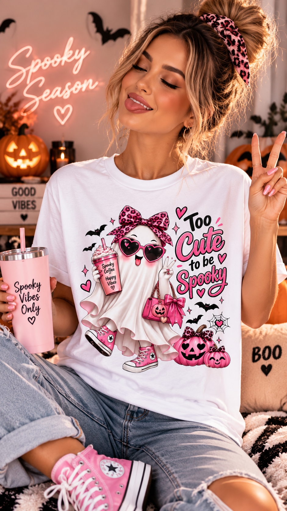 Cute Ghost Halloween T-Shirt | Too Cute to Be Spooky | Coquette Luxe