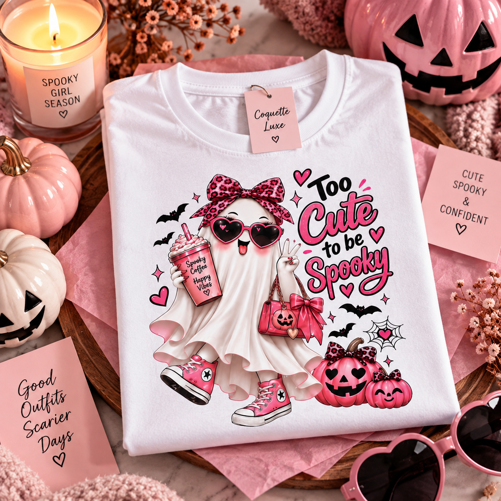 Cute Ghost Halloween T-Shirt | Too Cute to Be Spooky | Coquette Luxe