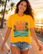 Vintage Sunset Palm Beach T-Shirt | Retro Surf Waves Tee