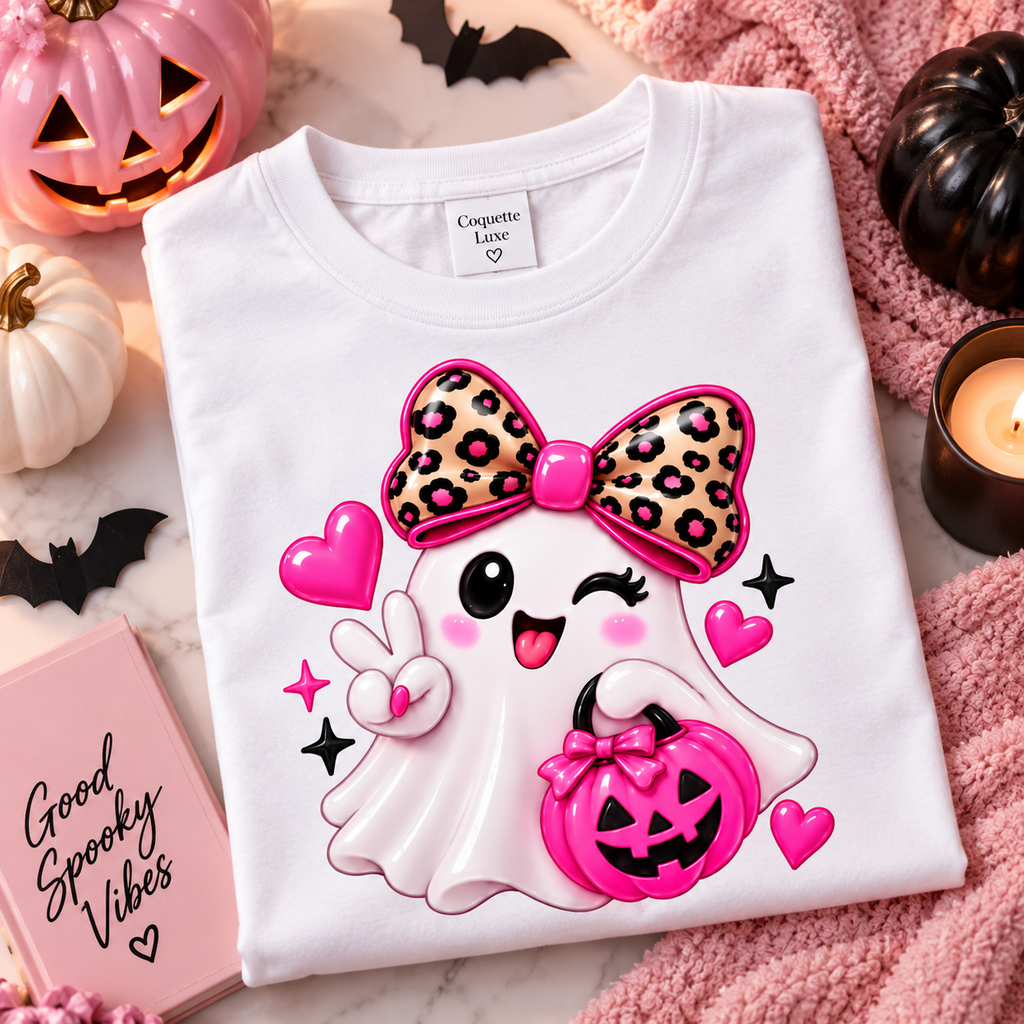 Pink Ghost Halloween T-Shirt with Leopard Bow