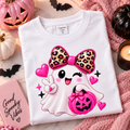 Pink Ghost Halloween T-Shirt with Leopard Bow
