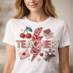 Teacher lightning bolt design T-shirt | cherries, letters, hearts, stationery