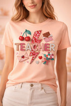 Teacher lightning bolt design T-shirt | cherries, letters, hearts, stationery