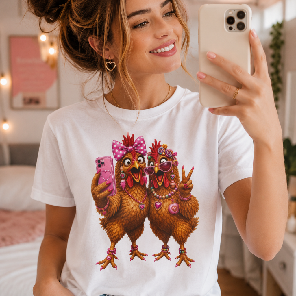 Two Chickens Taking Selfie T-Shirt | Funny Poultry Illustration
