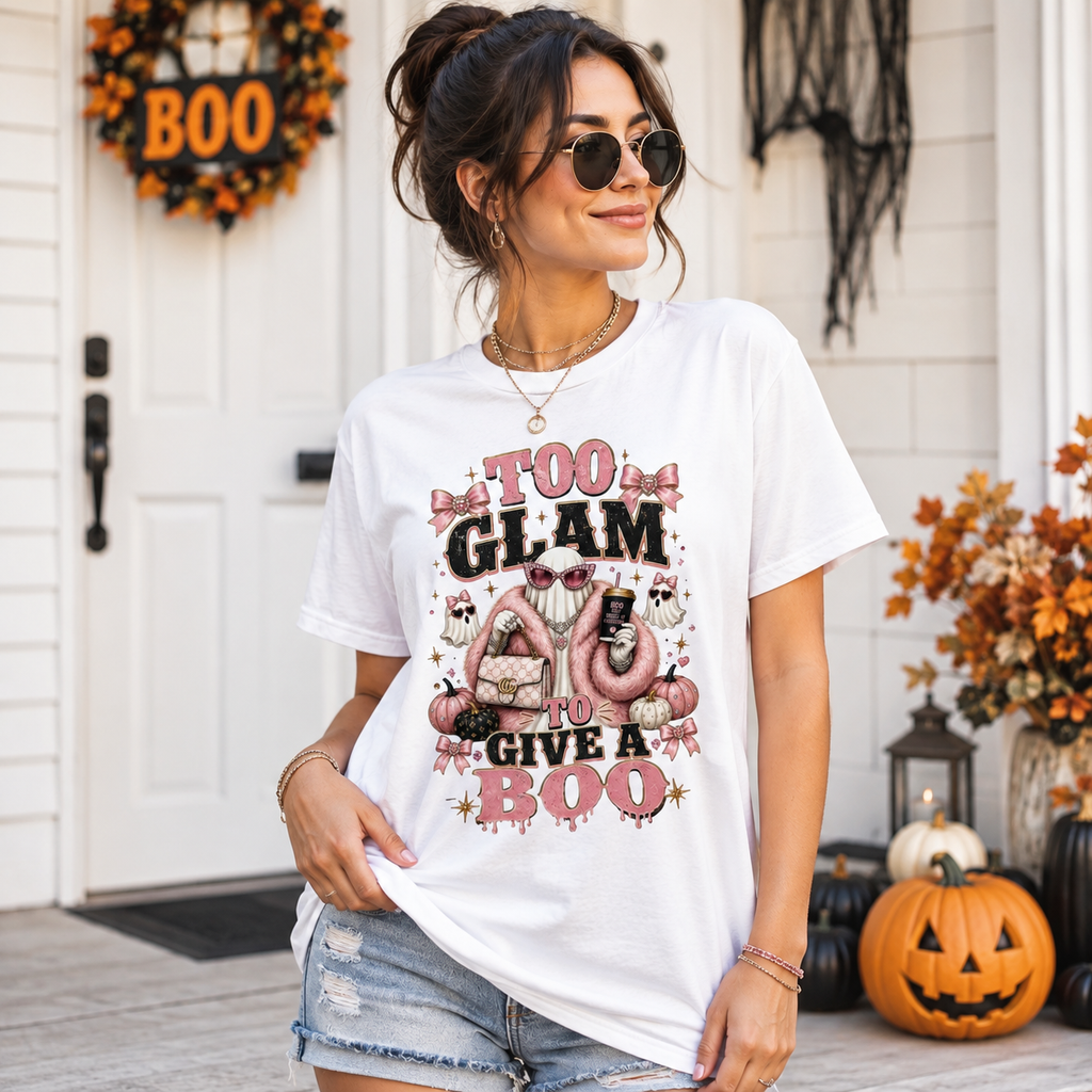 Too Glam To Give A Boo Halloween Tee — Pink Glamorous Costume Shirt