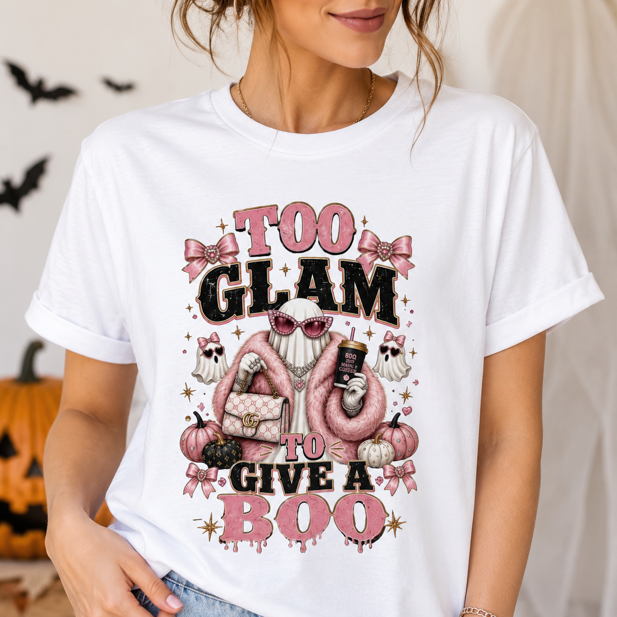 Too Glam To Give A Boo Halloween Tee — Pink Glamorous Costume Shirt