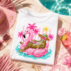 Leopard Cat on Flamingo Float T-Shirt | Tropical Palm Beach Summer Vibes