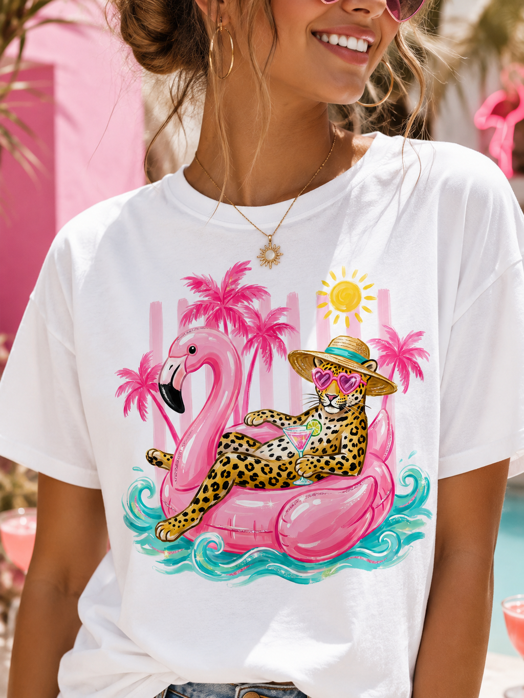 Leopard Cat on Flamingo Float T-Shirt | Tropical Palm Beach Summer Vibes