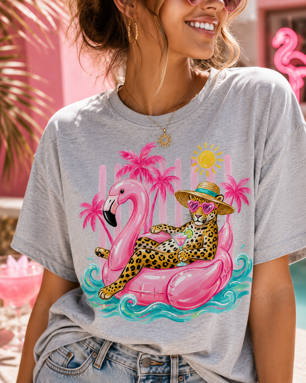 Leopard Cat on Flamingo Float T-Shirt | Tropical Palm Beach Summer Vibes